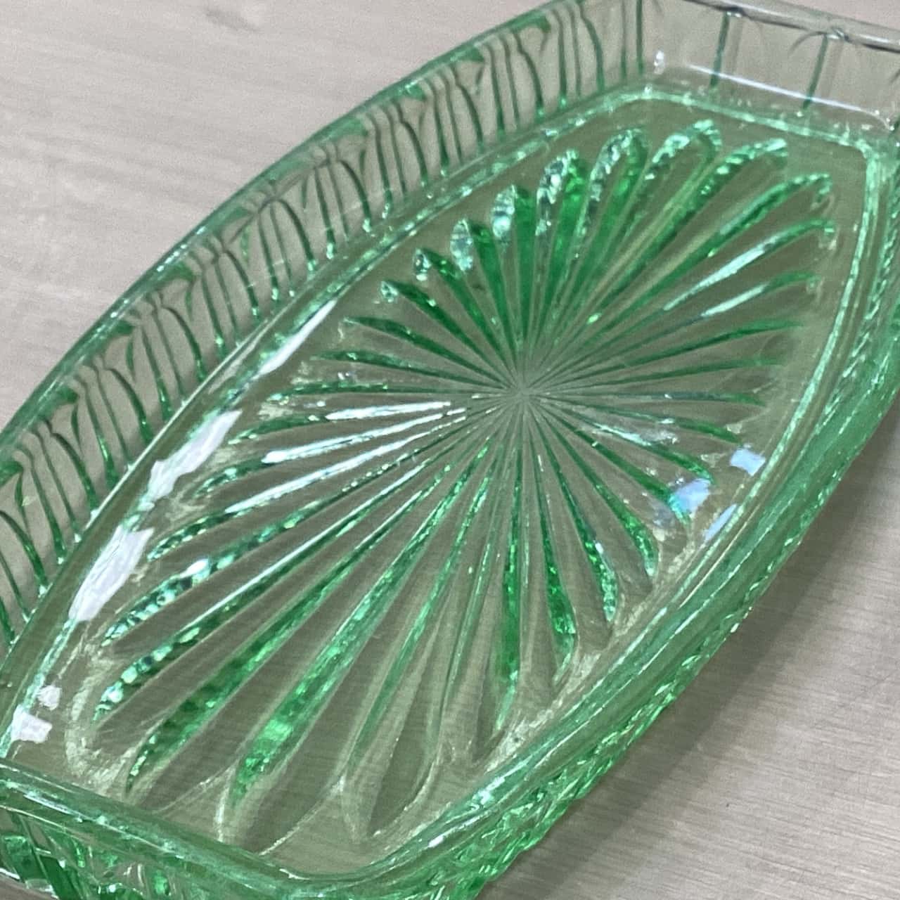1930s Vintage Art Deco Green Depression Glass Sandwich Plate