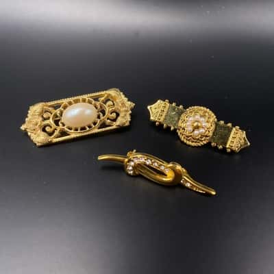 Vintage Faux Pearl Brooch | Oval Gold Tone Bar Pin and Small Rhinestone Bar Brooch