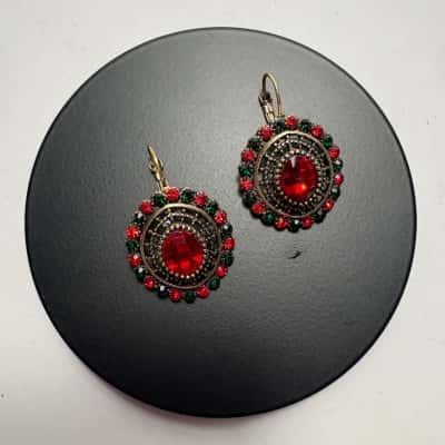 Costume Red & Green Rhinestone Clip Back Earrings 