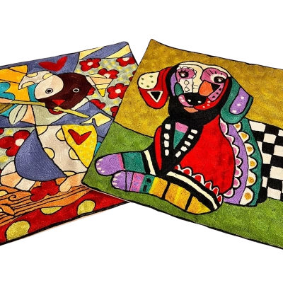 Set of 2 Embroidered Artistic Dog Cushion Covers Multicoloured