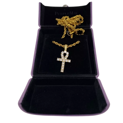 Eyecatching Saint Morta 5cm Ankh Pendant W/ C.Z Stone On A Rope (76cm) Chain Italian Crafted (Gold Plated) In Velvet Box