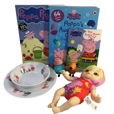 Peppa Pig Doll, Book, Bowl,Plate and Toys as pictured