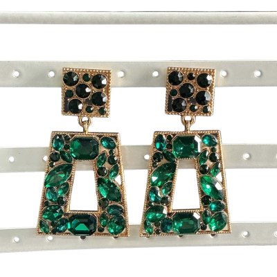  Womens Chunky retro diamanté Earrings Black  / Gold / Green 