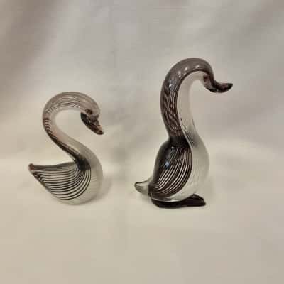 Murano Style Pair Of Birds Glass Clear and Purple 