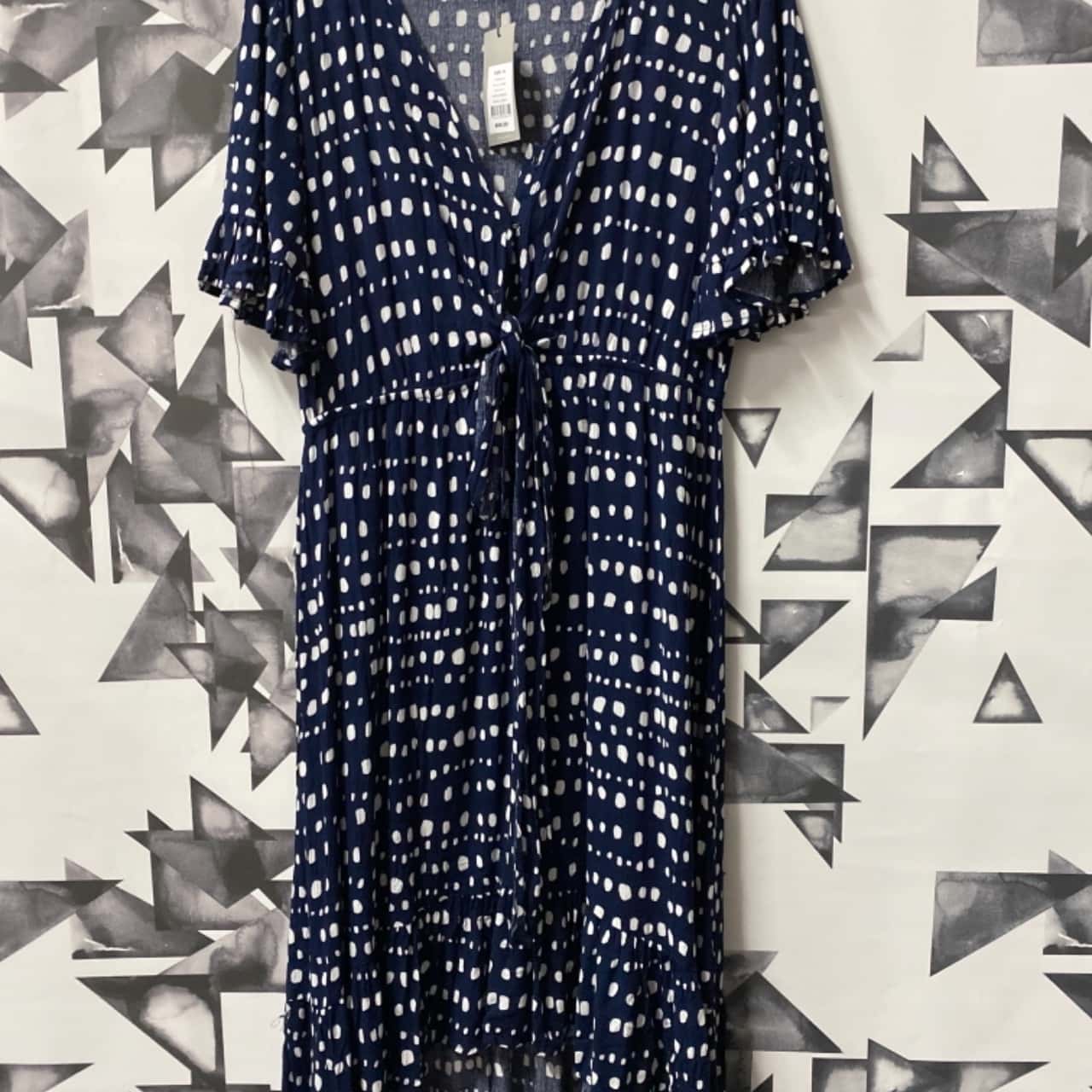 13064 Navy Blue Polka Dot Tie Waist Dress