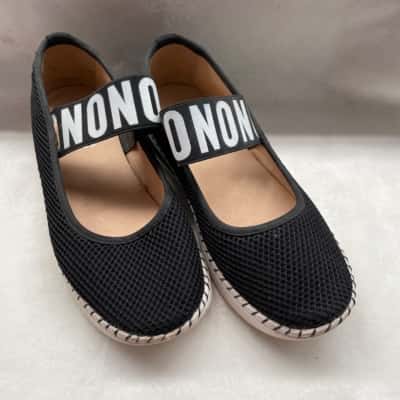 Fladeo Women's Black Weave Fabric Slip-ons with Wide Elastic Band NONO Print - Size 39