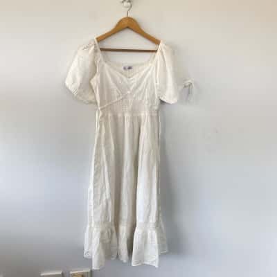 Ghanda White Juliette Broderie Midi Dress  Size XS