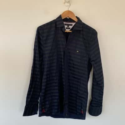 Tommy Hilfiger Navy Blue Striped Long SLeeve Slim Fit Shirt  Size M 