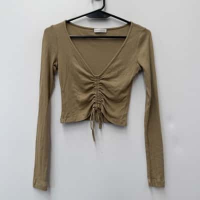 Kookai Cropped Long Sleeve Gathered Front Khaki Top - Size 1 