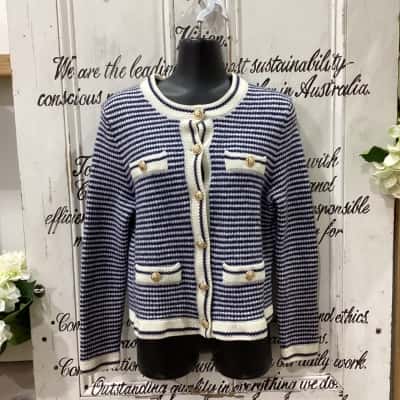 Sportscraft Brand! NWOT 100% PURE MERINO WOOL! PREPPY STYLE GOLD BUTTON ACCENTED CROPPED CARDIGAN! Womens  Size XL Button-down Cardigan Blue / Cream / Pattern / Striped 