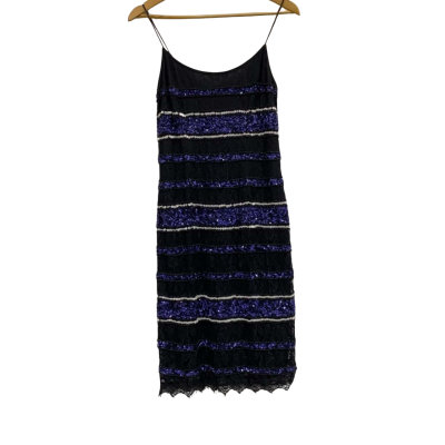 Adrianna Papell Size 16 Sequinned Body Con Party Dress Black  / Blue / White 