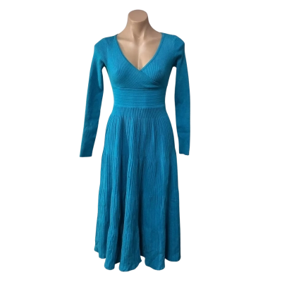 My Girl Womens Size XS / S Blue Crossover Bodice Ribbed Long Sleeve Midi Dress 
