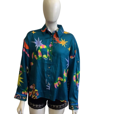 BNWT Iris Maxi Women's Size 8 Long Sleeve Shirt Blue Pattern 