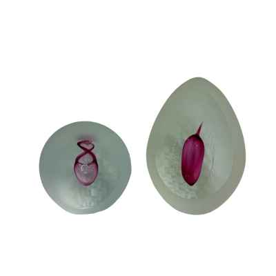Pair of Handmade Artistic Glass Paperweights (Egg and Sphere with Pink Accents)