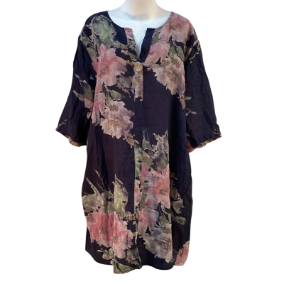 Cali&Co Womens Size L / XL Linen Midi Dress Floral / Navy Blue 