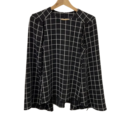 Cue Womens  Size 8 Long Cape Sleeve Top Black / White / Checked 