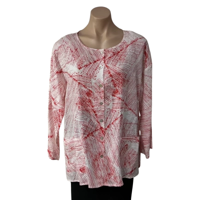 Yarra Trail Womens Size 14 White / Red Pattern Linen Button up Long Sleeve Top 