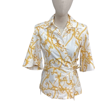 NEW - Ganni Womens  Size 36 Blouse Gold / Pattern / White 