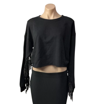 Forever 21 Womens Size S Black Cropped Sweatshirt with Embellished Sleeve Fringing