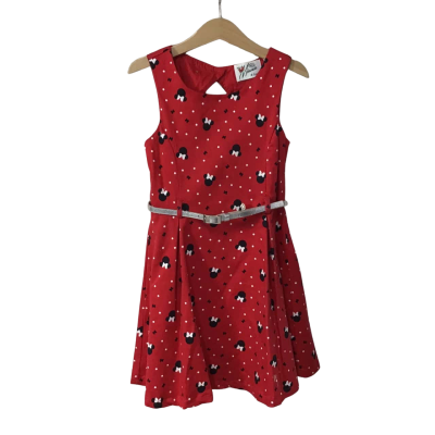 Disney Miss Minnie  Girls Size 7 Red / White / Black Pattern Sleeveless Dress with Belt