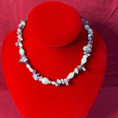  Women's Amethyst & Faux  Fresh Water Pearl Necklace 