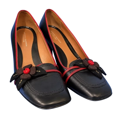  Migliorini Womens Size 38.5 Black Leather Floral Pumps Heels Made in Italy