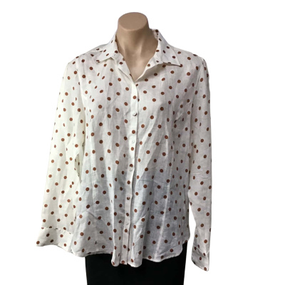 Sportscraft Womens Size 14 Off White / Brown Spotted 100% Linen Long Sleeve Shirt 