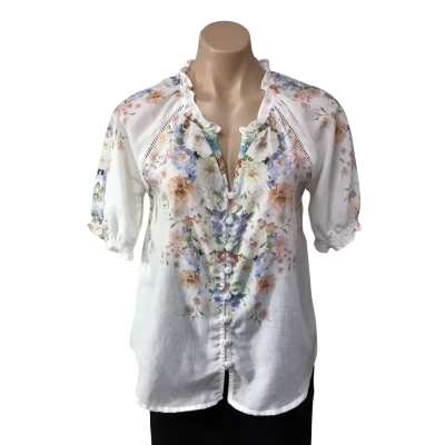 Lorraine Womens Size 8 White / Multicoloured Floral Button up Short Sleeve Top 