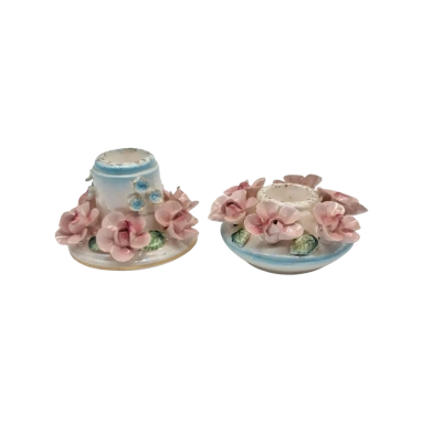 2 x Pink and white flower vintage candle stick holders