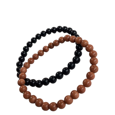 Set of 2 Gemstone-Style Beaded Bracelets- Black Onyx & Goldstone