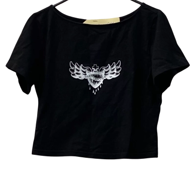 Dangerfield Womens  Size 8 Short Sleeve Top Black with heart /cross/wings print.