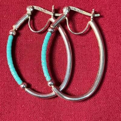  Women's Earrings 925 Silver Oval Shape Aqua Beads