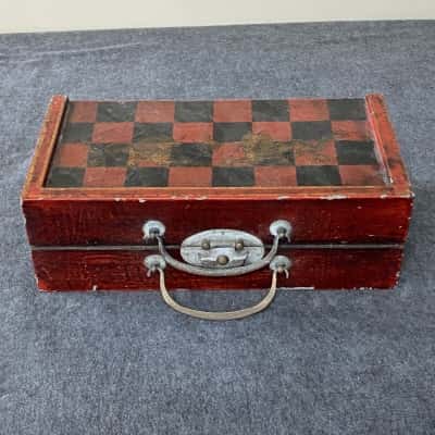 Vintage Asian Checker Chess Box , Ancient Reproduction Brass Latches Case