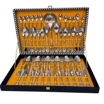 Ornate Silver Tone Cutlery Flatware Set With Serving Pieces & Case
