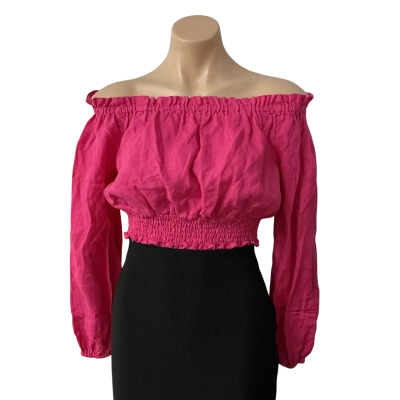 Sportsgirl Womens Size 8 Bright Pink Linen Cropped Long Sleeve Off the Shoulder Top 