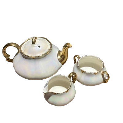 Vintage Ellgreave England Opalescent Teapot/Creamer/Sugar Gold Handle Trim Set (Brica Shelf)