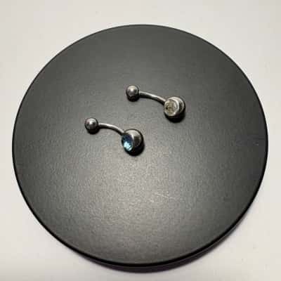 Set of 2 Belly Button Rings - Silver Tone with Blue & Clear 