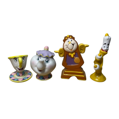 Vintage Disney Beauty and the Beast Ceramic Figurines. Chip, Mrs. Potts, Cogsworth and Lumiere