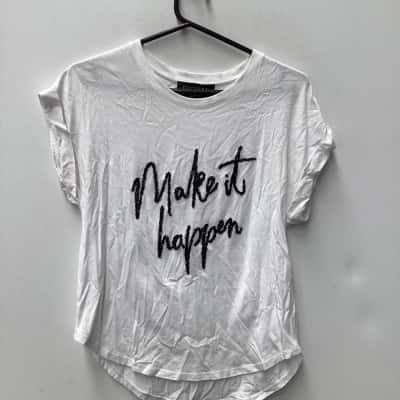 Decjuba Womens  Size S  T Shirt with black sequence writing