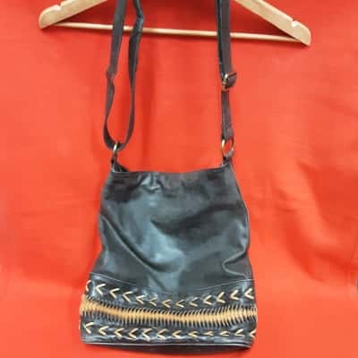 Womens Shoulder Bag Black  leather shoulder bag larger size with woven detail