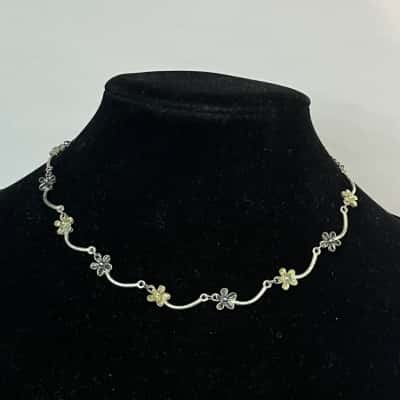Silver Tone Blue Green Flower Necklace