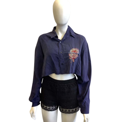 Goouch Women's Size M 100% Silk Long Sleeved Cropped Shirt Navy Blue 