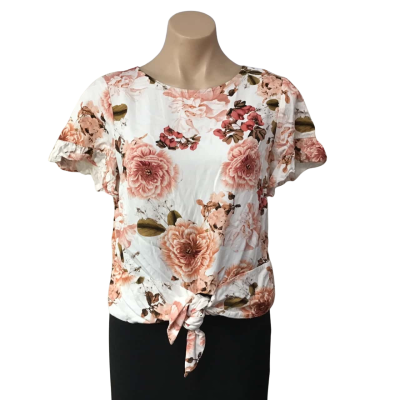 Portmans Womens Size 8 White / Orange / Khaki Floral Tie Front Short Sleeve Top 