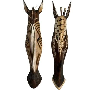 Vintage African Hand Carved Zebra & Giraffe Wall Hangings
