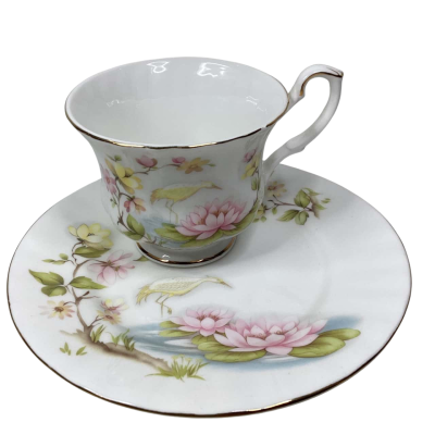 Lu pau fine bone china cup and plate lotus and crane