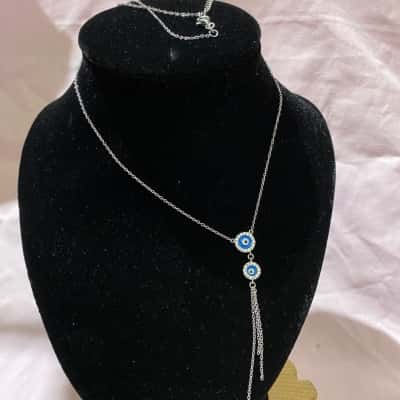 925 SILVER NECKLACE WITH BLUE, WHITE, BLACK DESIGN AND CLEAR STONES