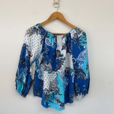 Country Road Blue White Pattern Linen Top  Size 6 