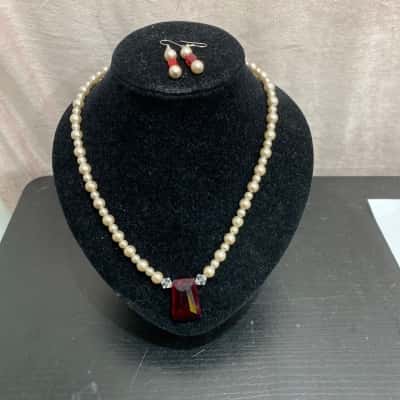Costume Pearl and Ruby Necklace and Earrings 