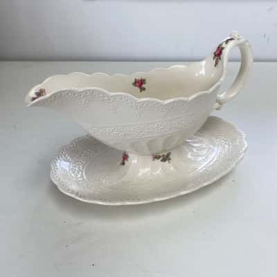 Spode Billingsley Rose Gravy Boat With Attached Plate