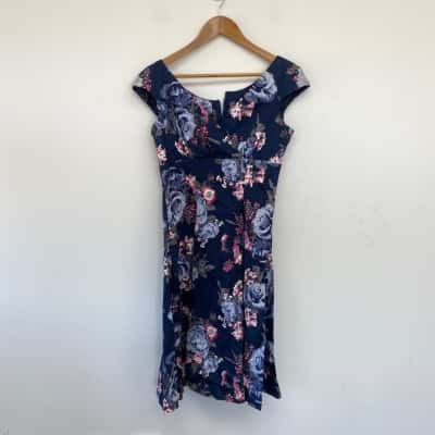 Retro Spec'd Clothing Blue Floral Sleeveless Midi Dress Size 12 